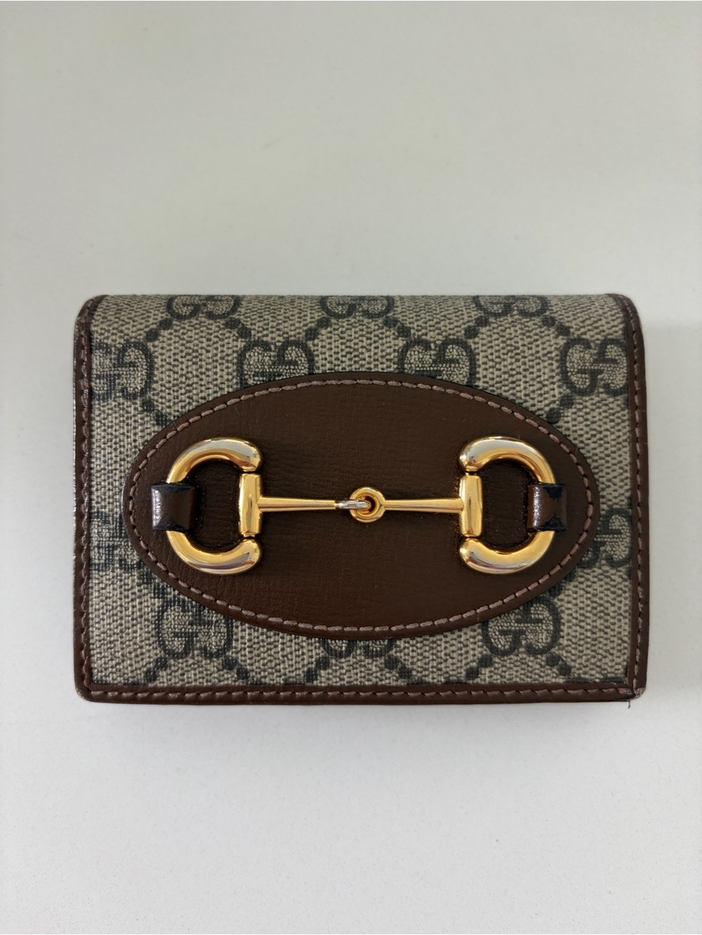 Gucci Beige GG Supreme Canvas Wallet with Brown Leather and Gold Horsebit